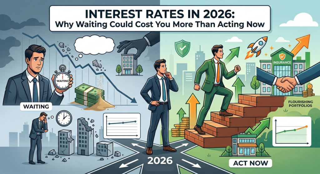An illustration depicting a businessman at a crossroads in 2026 deciding whether to wait for lower interest rates or act now. The "Waiting" side shows a stressed man, stalled growth, and missed opportunities in gray tones. The "Act Now" side shows a confident man experiencing business growth, upward trends, and successful acquisitions in bright green tones.