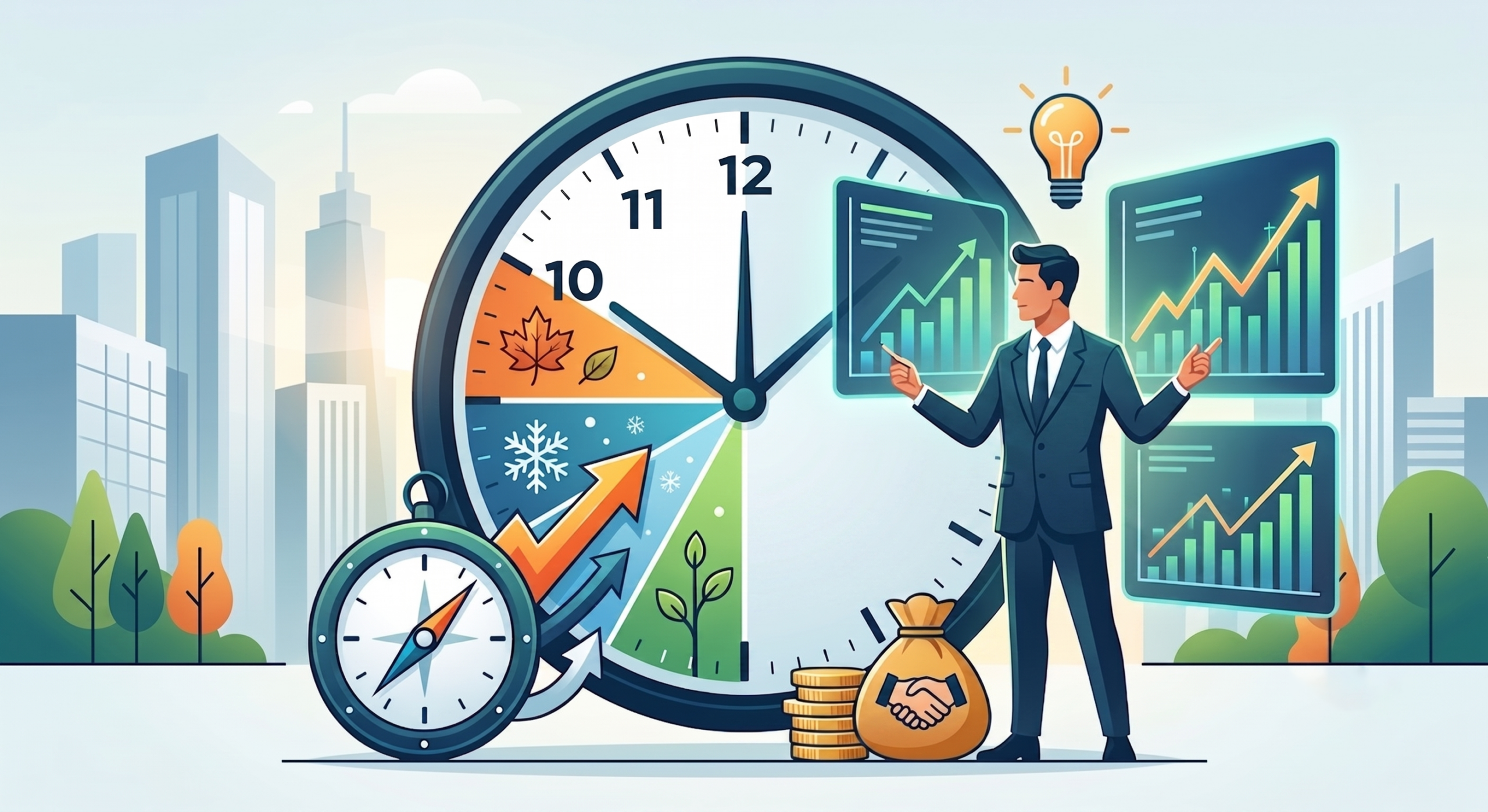 A vector illustration showing a businessman in a suit navigating financial growth charts and seasonal cycles on a large clock, with a compass and money bags.