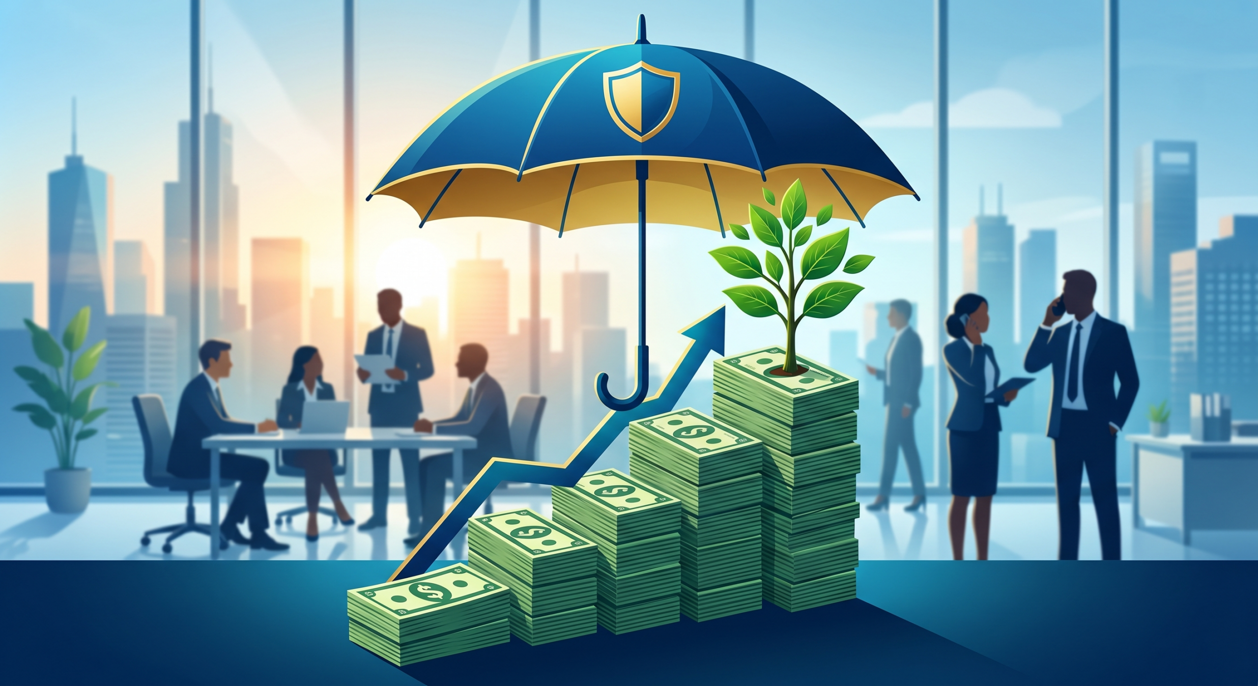 Conceptual illustration of insurance agency growth using working capital, featuring money stacks, an upward arrow, and a protective umbrella.