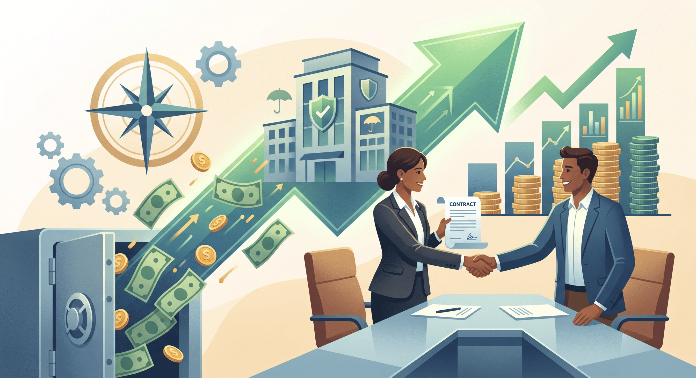 A vector illustration showing a businessman in a suit navigating financial growth charts and seasonal cycles on a large clock, with a compass and money bags.
