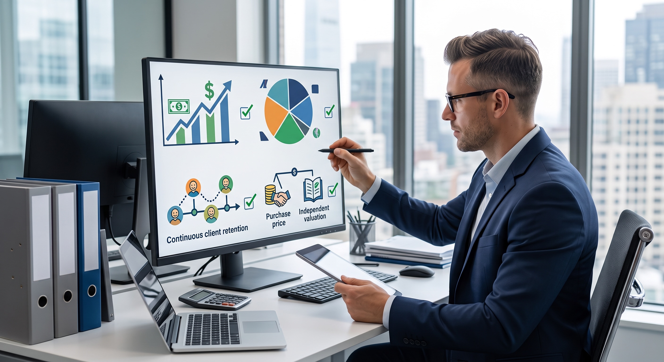 A vector illustration showing a businessman in a suit navigating financial growth charts and seasonal cycles on a large clock, with a compass and money bags.