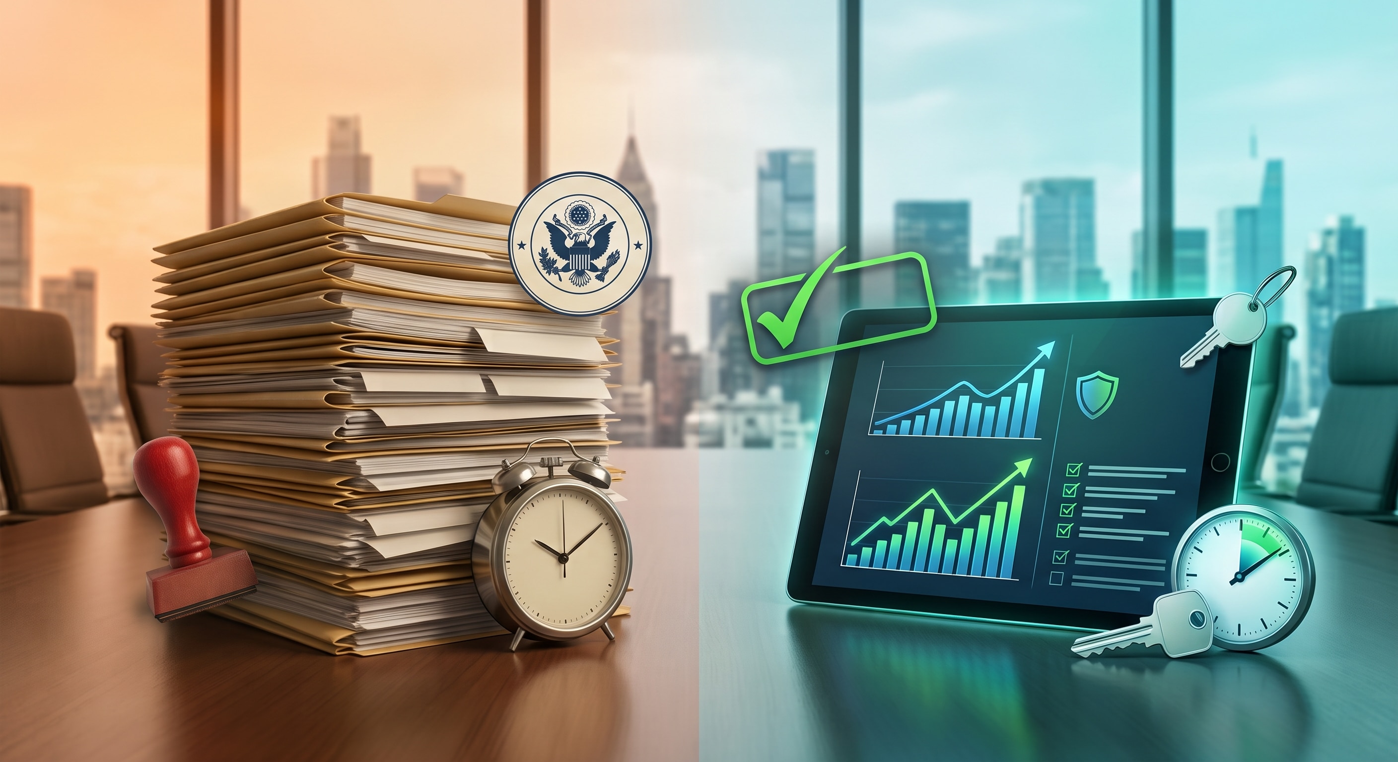 A vector illustration showing a businessman in a suit navigating financial growth charts and seasonal cycles on a large clock, with a compass and money bags.