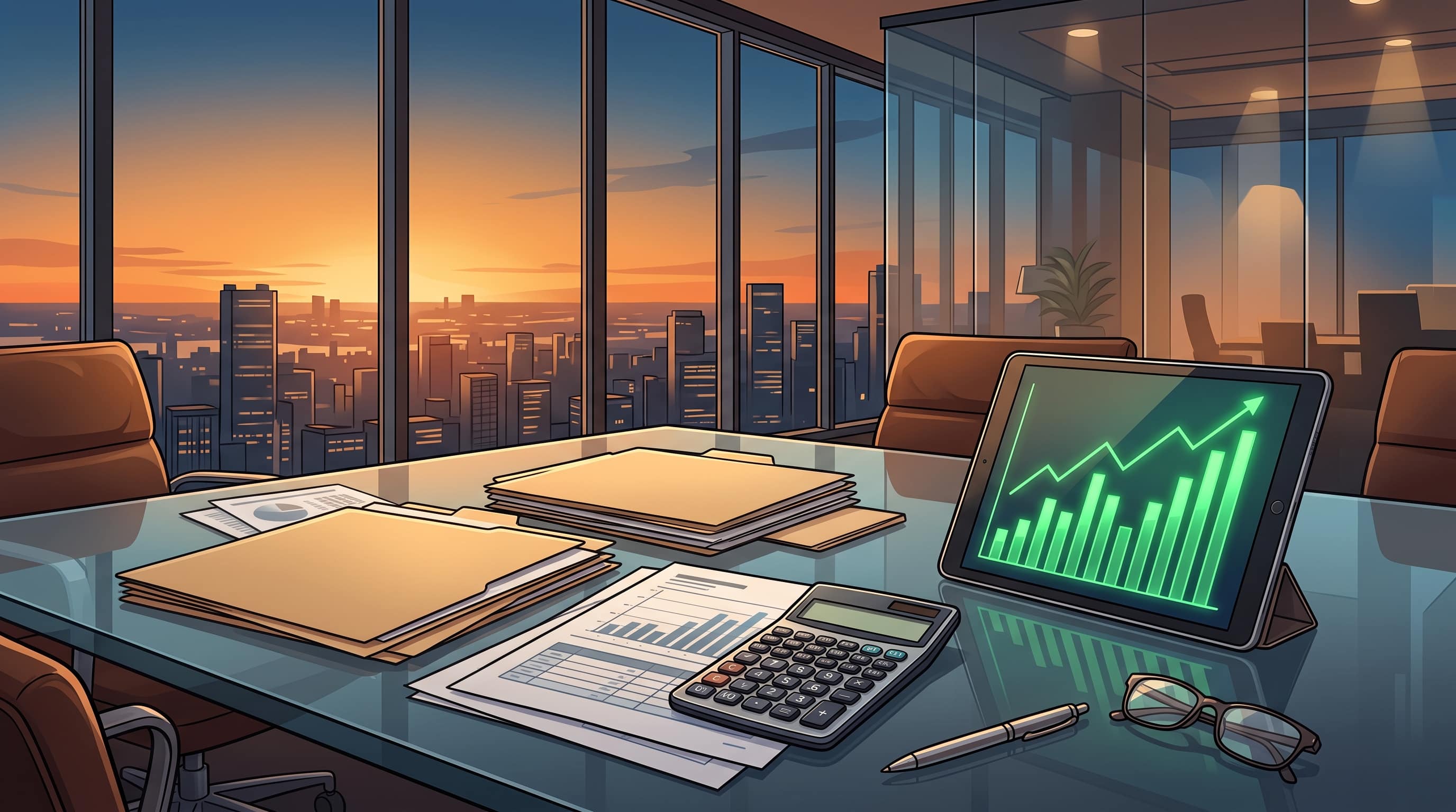 A vector illustration showing a businessman in a suit navigating financial growth charts and seasonal cycles on a large clock, with a compass and money bags.